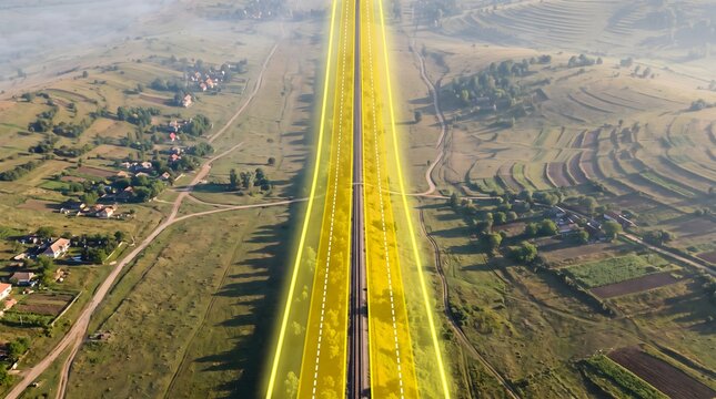 Aerial visualization of GIS buffer zones along a rural transportation corridor representing spatial data analysis in geographic planning