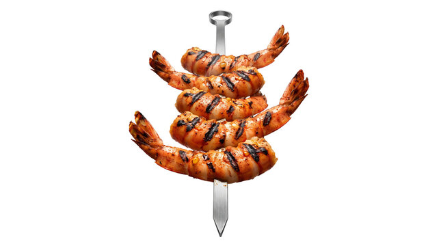Grilled shrimp skewer with char marks, roasted prawns on metal needle, seafood barbecue isolated on white background