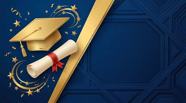 Graduation Celebration 3D Paper Cut Background with Golden Cap Diploma Scroll and Stars on Royal Blue Pattern