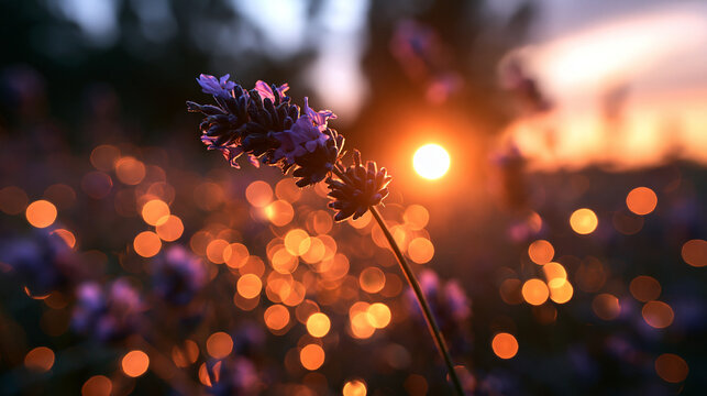 Lavender Blossom at Sunset with Golden Bokeh Background