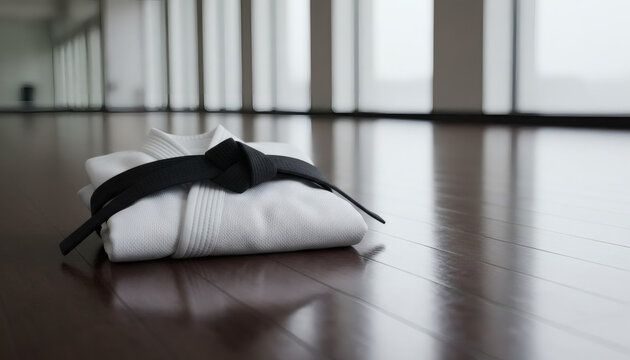Folded white martial arts uniform dojo with black belt on wooden floor  