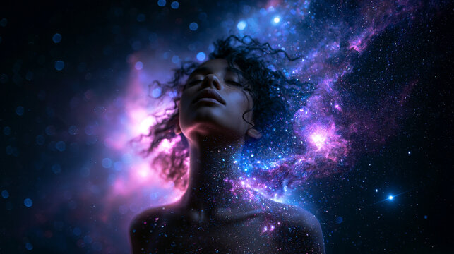 Woman Merging with Cosmic Space Nebula and Stars