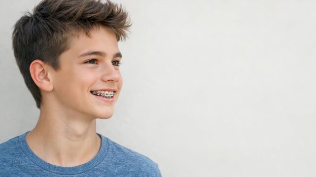 A young male smiling at the camera, showing his teeth with braces.