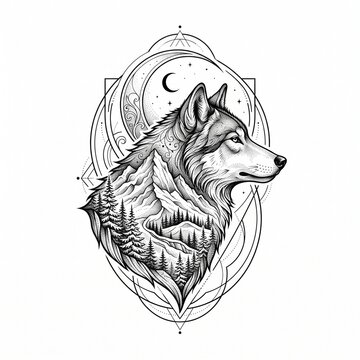 Ornamental Wolf Profile with Mountain Landscape and Crescent Moon