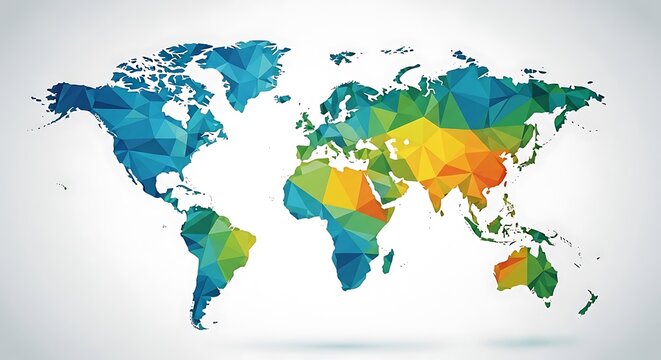 World map features a geometric mosaic of vibrant triangles on a light gray background.