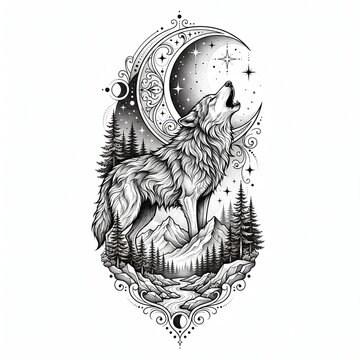Howling Wolf Under Crescent Moon in Mountain Forest