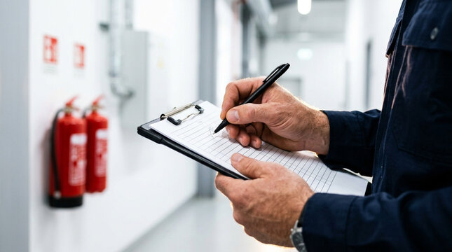 Worker in blue uniform writing on a checklist on a clipboard while conducting a fire safety inspection in an industrial hallway with red fire extinguishers in the background.