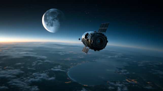 Spacecraft Orbiting Planet Earth with Moon in Background