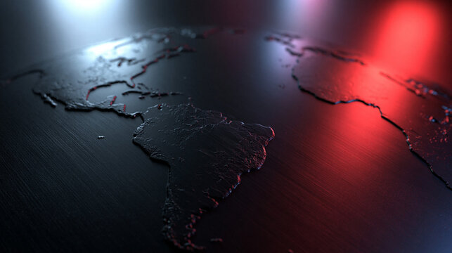 Dark 3D World Map with Red and Blue Lighting