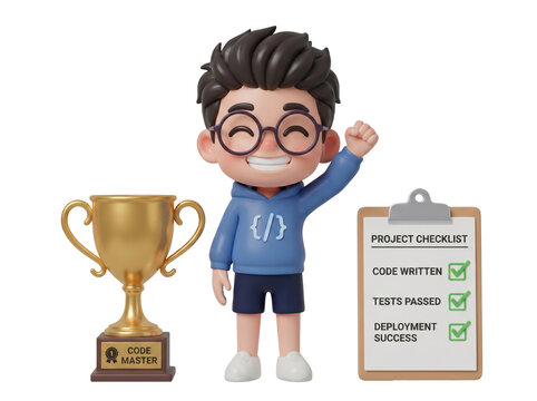 Happy programmer celebrates winning a coding competition with a trophy and checklist