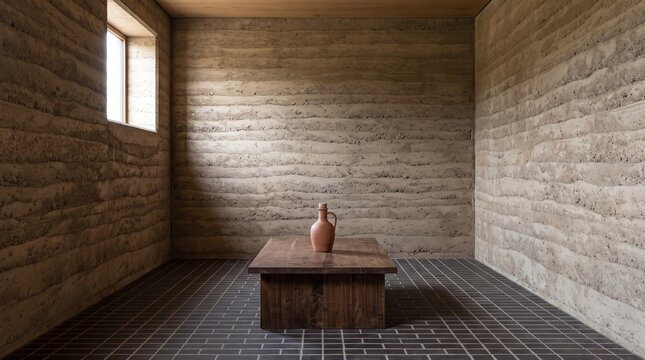 Minimalist interior with textured rammed earth walls and wooden low table featuring a ceramic jug, ideal for sustainable home decor.