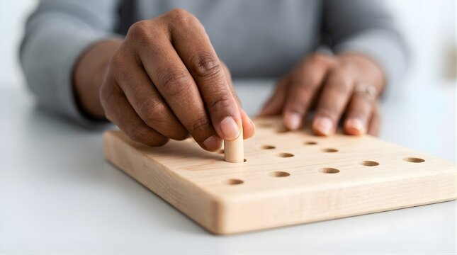 African American hand playing a wooden peg board game for dexterity