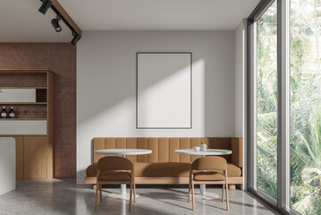 Fototapeta premium Contemporary cafe interior with empty poster mockup, modern architectural style, tropical window background, hospitality branding concept, 3D Rendering