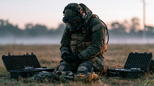 A bomb disposal specialist in partial protective gear kneeling in early morning mist on an open field, equipment cases open beside her showing before-and-after stages of a training exercise, fog sof