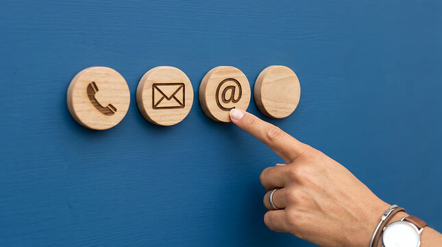 Hand touching wooden contact icons