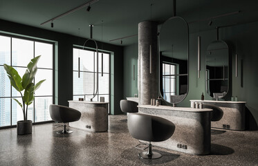 Fototapeta premium Modern salon interior with stone styling stations, arched mirrors, pendant lights, and tropical plant against bright city windows, 3D Rendering