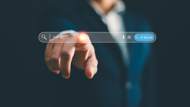 Businessman hand touching digital search bar with AI mode on virtual screen. Concept of artificial intelligence search engine optimization, information technology, data discovery and web browsing