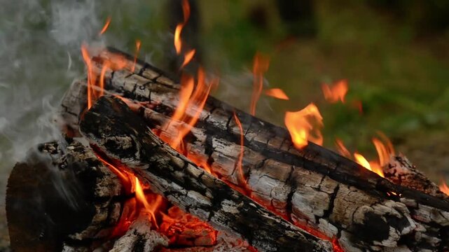 Loop of Campfire Flames and Smoke with Crackling Sound. Smoothly loopable video capturing campfire flames and soft smoke rising from burning logs in a quiet forest, featuring real natural crackling