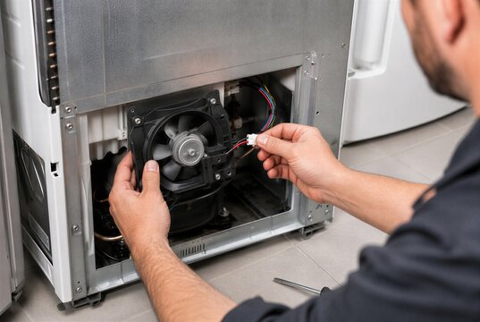 Technician replacing refrigerator condenser fan