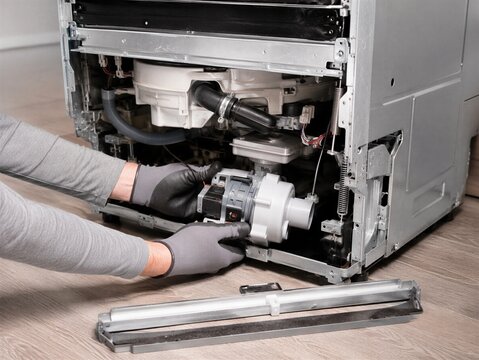 Technician replacing dishwasher circulation pump