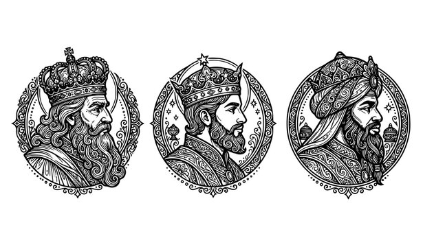 detailed line art three wise men vector set with decorative three kings profiles and ornate crowns for christmas stamp design