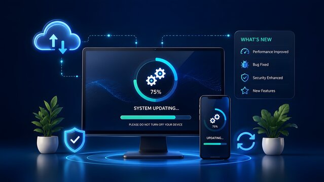 Multi device software updating process on desktop computer and smartphone screens featuring glowing cloud sync and security network icons