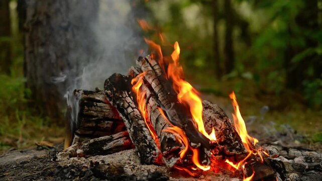 Loop of Campfire Burning on Forest Floor. Smoothly loopable stock video showing a campfire burning on the ground with warm flames and logs in a quiet forest setting. Ideal for nature and camping theme