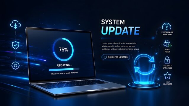 Futuristic laptop displaying system software update process with glowing holographic sync arrows and performance improvement icons