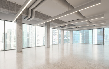 Fototapeta premium Spacious modern office interior with concrete columns and panoramic windows, 3D Rendering style, on a bright city background, expressing workspace