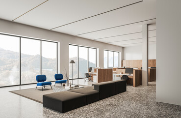 Fototapeta premium Modern office interior with desks and lounge seating, minimalist style, bright neutral background, workplace concept. 3D Rendering