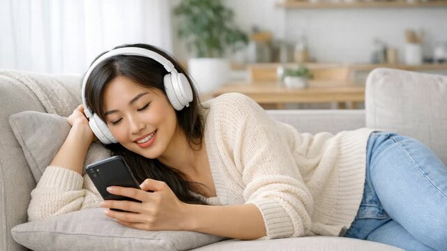 Young woman using headphones while reclining on sofa and smiling