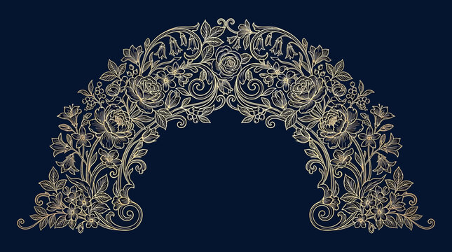 Vintage floral arch frame with roses and bellflowers, intricate botanical decorative border design