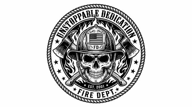 Firefighter skull badge design with crossed axes and stars. symbol of dedication and bravery