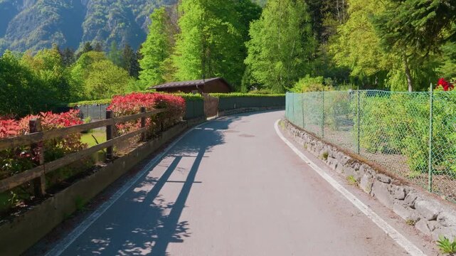Mountain village houses street road, gimbal stabilizer shot. Moving forward walking down front path of residential alpine neighborhood with private chalet cabins.