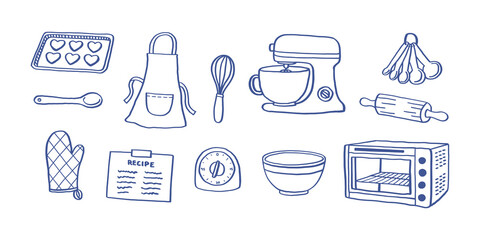 Fototapeta premium Baking Tools and Kitchen Equipment Hand Drawn Doodle Set with Mixer, Oven, Whisk, Rolling Pin, Apron, Baking Tray, Bowl and Utensils