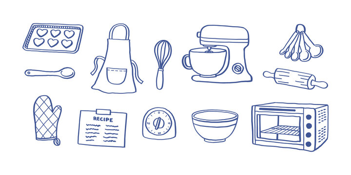 Baking Tools and Kitchen Equipment Hand Drawn Doodle Set with Mixer, Oven, Whisk, Rolling Pin, Apron, Baking Tray, Bowl and Utensils