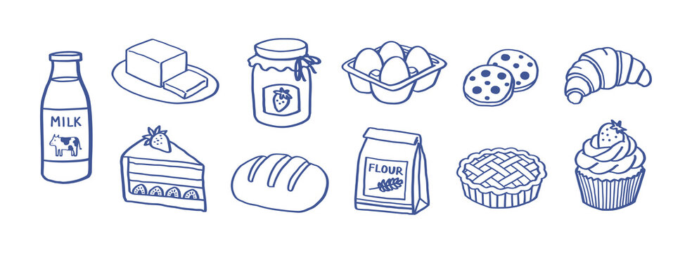Baking Ingredients and Pastry Food Hand Drawn Doodle Set with Milk, Butter, Jam, Eggs, Cookies, Bread, Cake, Pie, Cupcake and Croissant