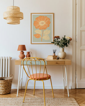Poster mockup hanging desk chair flower frame interior lamp vase Poster mockup hanging above desk with chair flower frame woven lamp ceramic vase basket book rug radiator and warm home interior