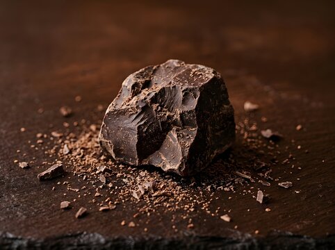 Rich dark chocolate chunk with shavings on a textured surface, perfect for baking or a sweet indulgence