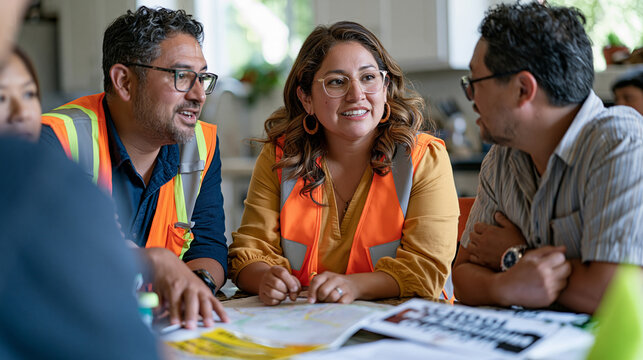A multicultural group of neighbors surrounds a crossing guard in a modest suburban kitchen, school safety maps and multilingual signage spread across the table, the community meeting energy warm, af