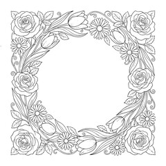 Obraz premium Floral wreath coloring page with roses tulips and daisies