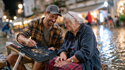 Fototapeta premium A portrait sketcher and an elderly woman sit together on a rain-soaked plaza, the artist holding a charcoal board steady under a small awning, the grandmother watching the emerging drawing with quie