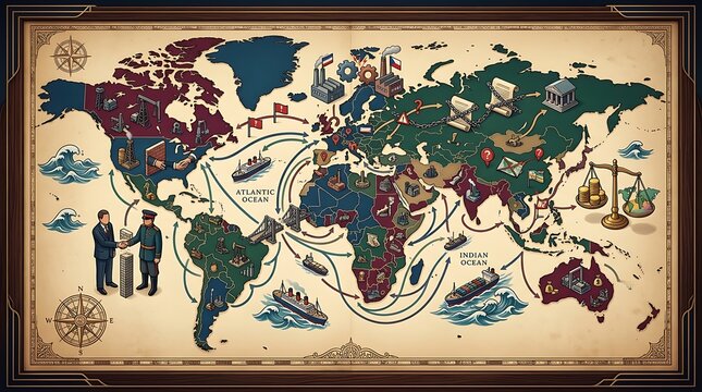 Vintage world map illustration showing global trade and geopolitics