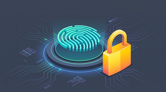 3D isometric biometric fingerprint scanner with a golden padlock on a digital circuit background for high-tech data security and protection