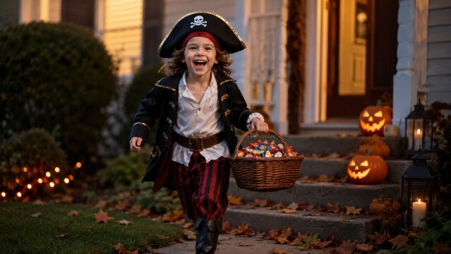 Happy child in pirate costume carrying candy basket during Halloween trick or treat adventure outdoors