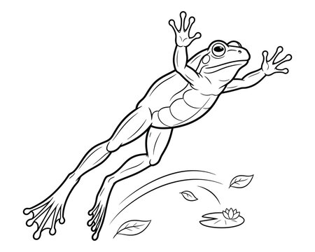 Leaping frog illustration with lily pads and leaves in a black and white drawing