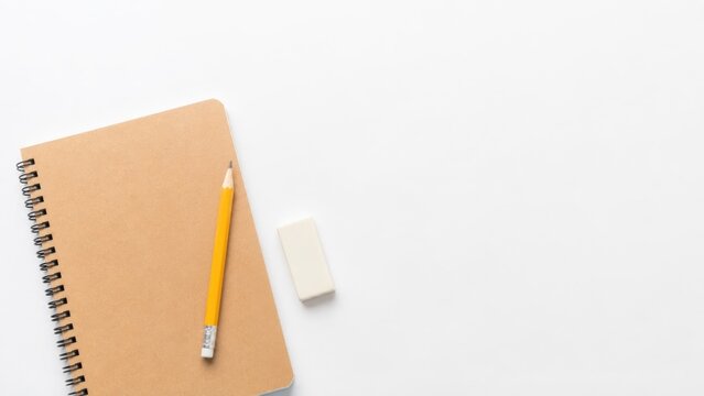 Spiral notebook with yellow pencil and eraser on white background with large copy space