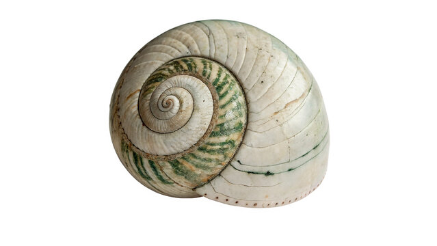 Spiral pattern of white natural empty sea snail shell isolated on transparent background