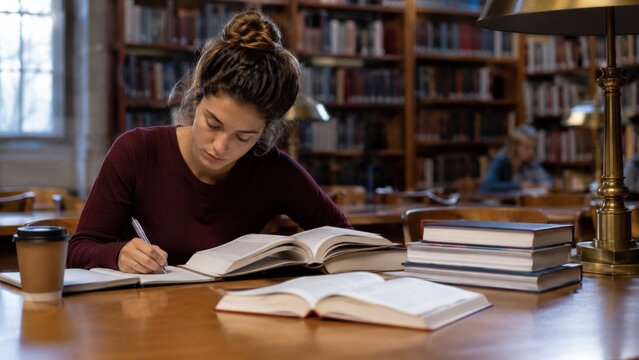 Female university student studying with books and notes at a quiet library table