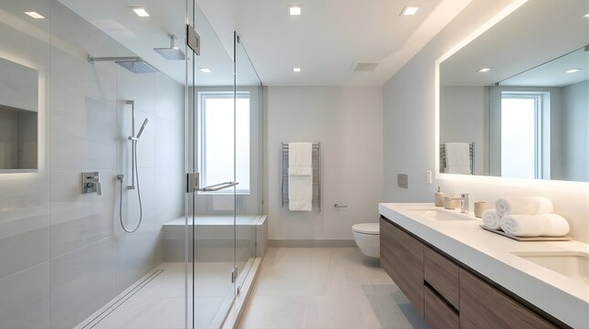 Modern luxury bathroom interior with glass shower and double vanity